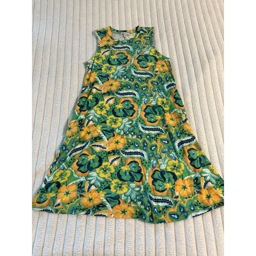 Kate Park Sleeveless High Neck Flowy Sundress Women’s Medium Green Blue Floral